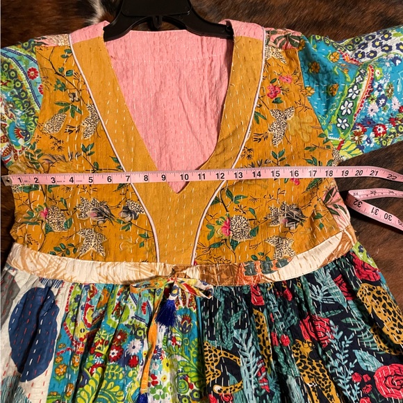 Kantha Bohemian Mixed-Print V-Neck Women’s Dress in Mustard & Teal - Picture 6 of 7